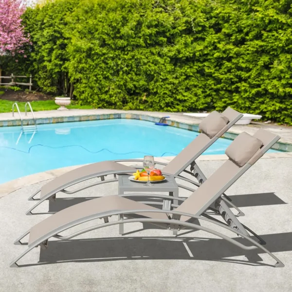 Chair Set of 3, Aluminum Lounge Chairs for Outside with 5 Adjustable Positions, Chaise Lounge Outdoor, Customized