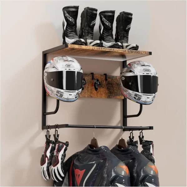 Wall Mount Motorcycle Helmet Rack Wood & Metal Helmet Hanger Multi-Purpose Tactical Gear Jacket Holder for Home Workshop Storage