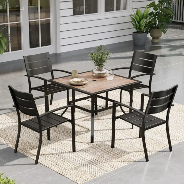 Metal Patio Outdoor Table and Chairs 5 Piece Dining Set - 37" Square Imitation Wood Table and 4 Backyard Garden, Customized