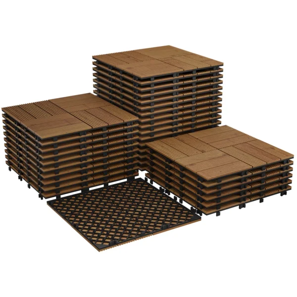 Acacia Wood Connected Deck Tiles for Patio & Outdoor Decor, 12"x12" Firm Weatherproof Non-Slip Wooden Flooring, 22/33 Panels