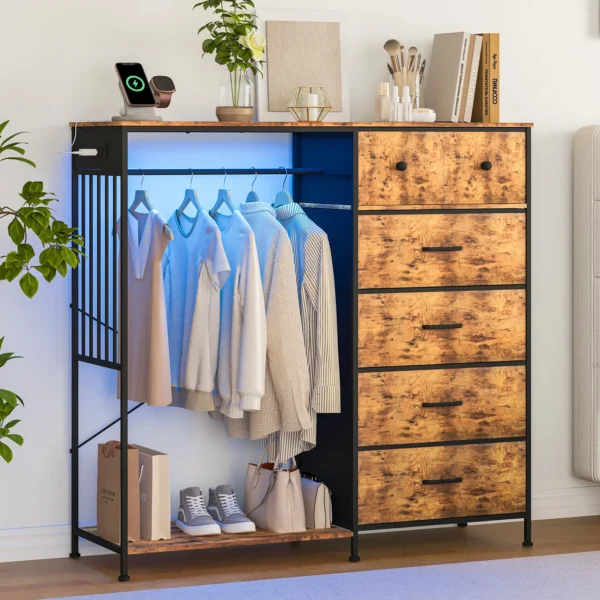 150cm Chest of Drawers, Reversible 6 Fabric Drawers Hanging Rack Dresser Closet w/LED Lights & Charging Station for Kids Bedroom