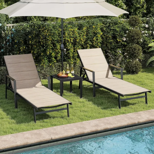 3-Piece Outdoor Chaise Lounge Set, Never-Rust Aluminum Patio Lounge Chairs with Side Table, Double-Layer Textilene, Customized