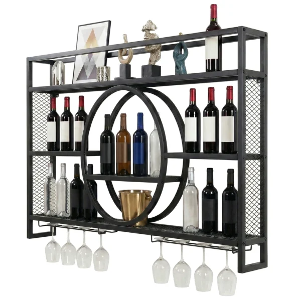 Wine Storage Rack Metal Wine Rack Wall Mounted 3 Tier with LED Light with Wine Glass Holder for Home Bar Dining Room & Kitchen